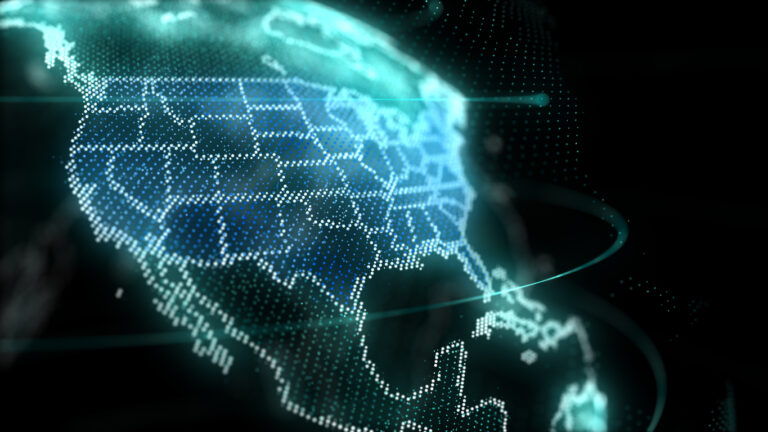 A predictive analytics marketing map of the United States is shown on a black background.