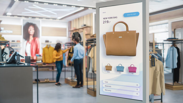 A woman is exploring a handbag in a store, unlocking the power of offline attribution.
