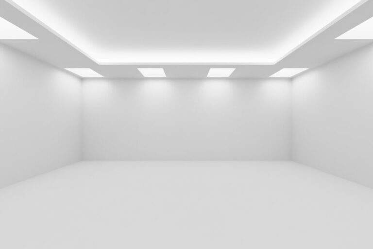 Wide Empty White Room With Square Ceiling Lights
